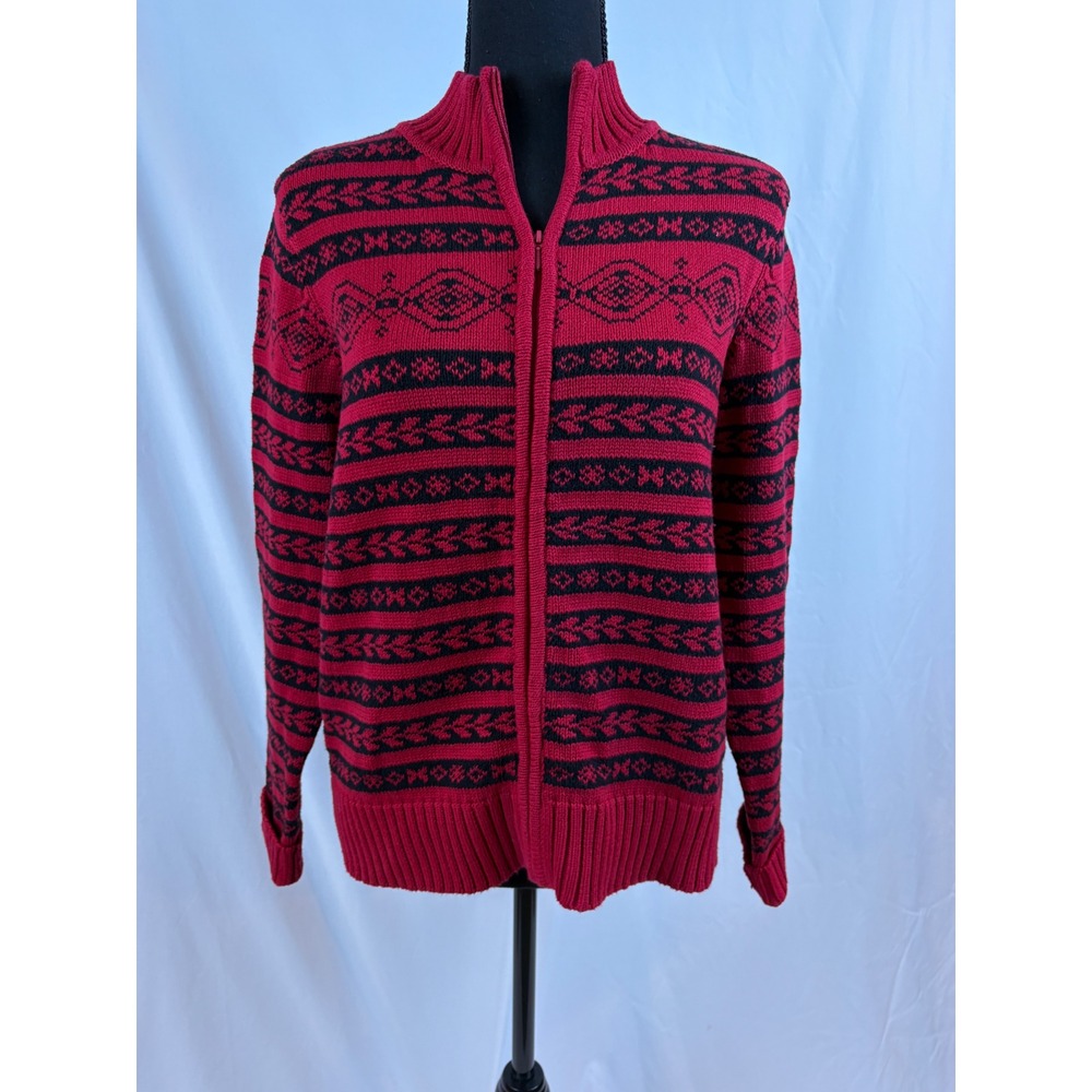Jones New York Country Red Black Fair Isle Full Zip Cotton Sweater Small